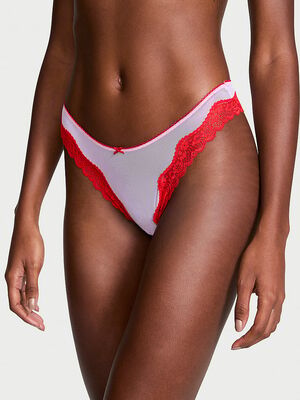 Tease Mesh Lace-Trim High-Leg Thong Panty
