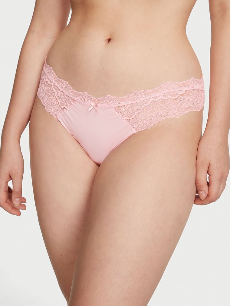 Cotton Essentials Lace-Trim Mid-Rise Thong Panty in Pink