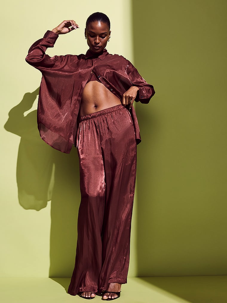 Luxe Sheer Satin Button-Front Shirt image number null