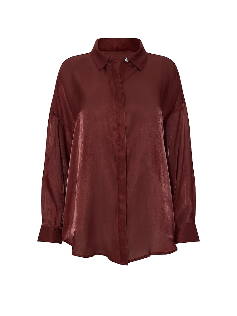 Luxe Sheer Satin Button-Front Shirt image number null